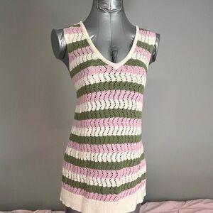 Belldini Pink Green Cream Striped Crochet V-Neck Tank